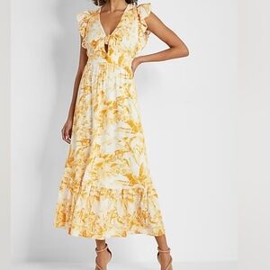 Express Yellow Gold Printed Flutter Sleeve Tie Front Linen Blend Dress Small